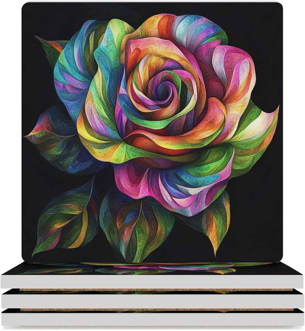 Rose Flower Ceramic Coasters Set Square Drink Coasters Table Coaster for Kitchen Desktop Decor