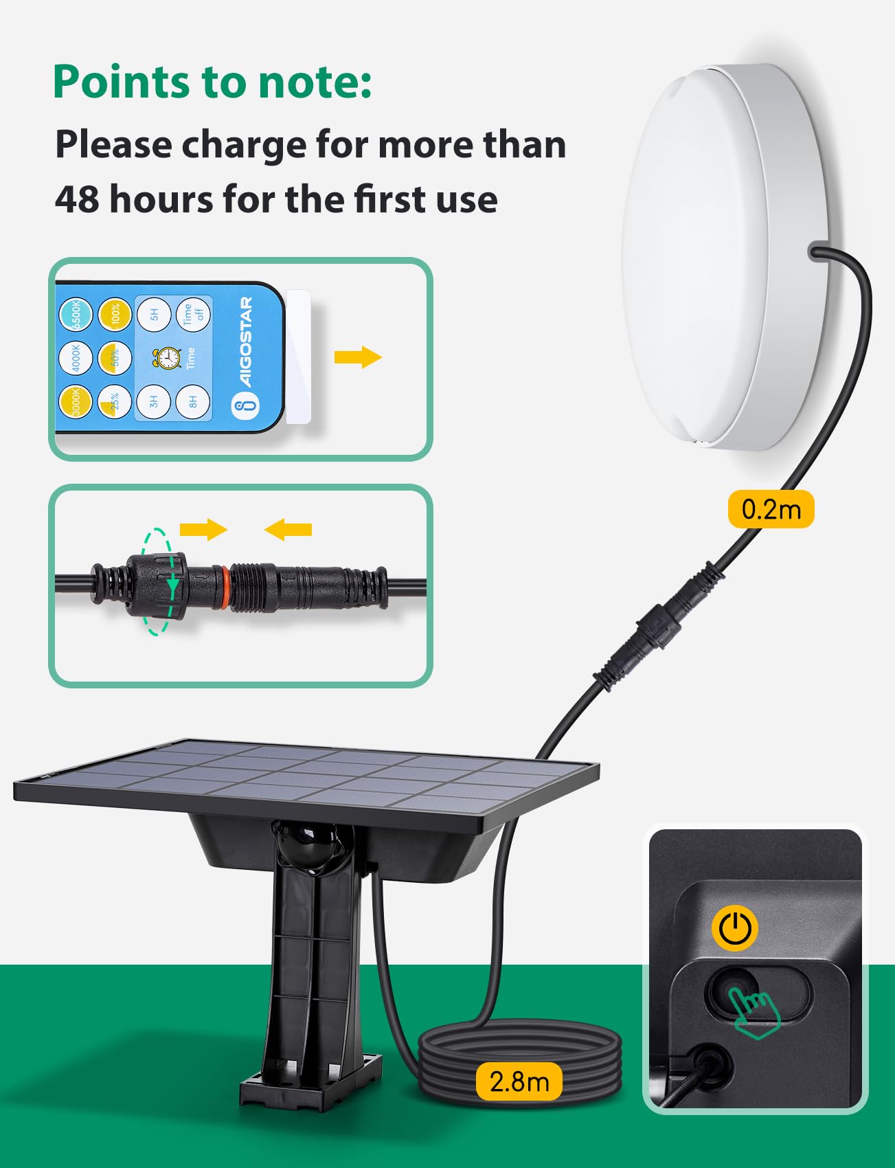 Aigostar Zewnętrzne lampy solarne 50 W, LED, z pilotem zdalnego sterowania, IP65, regulowana temperatura barwowa 3000 K/4000 K/6500 K, lampa sufitowa do użytku wewnątrz i na zewnątrz, z kablem o
