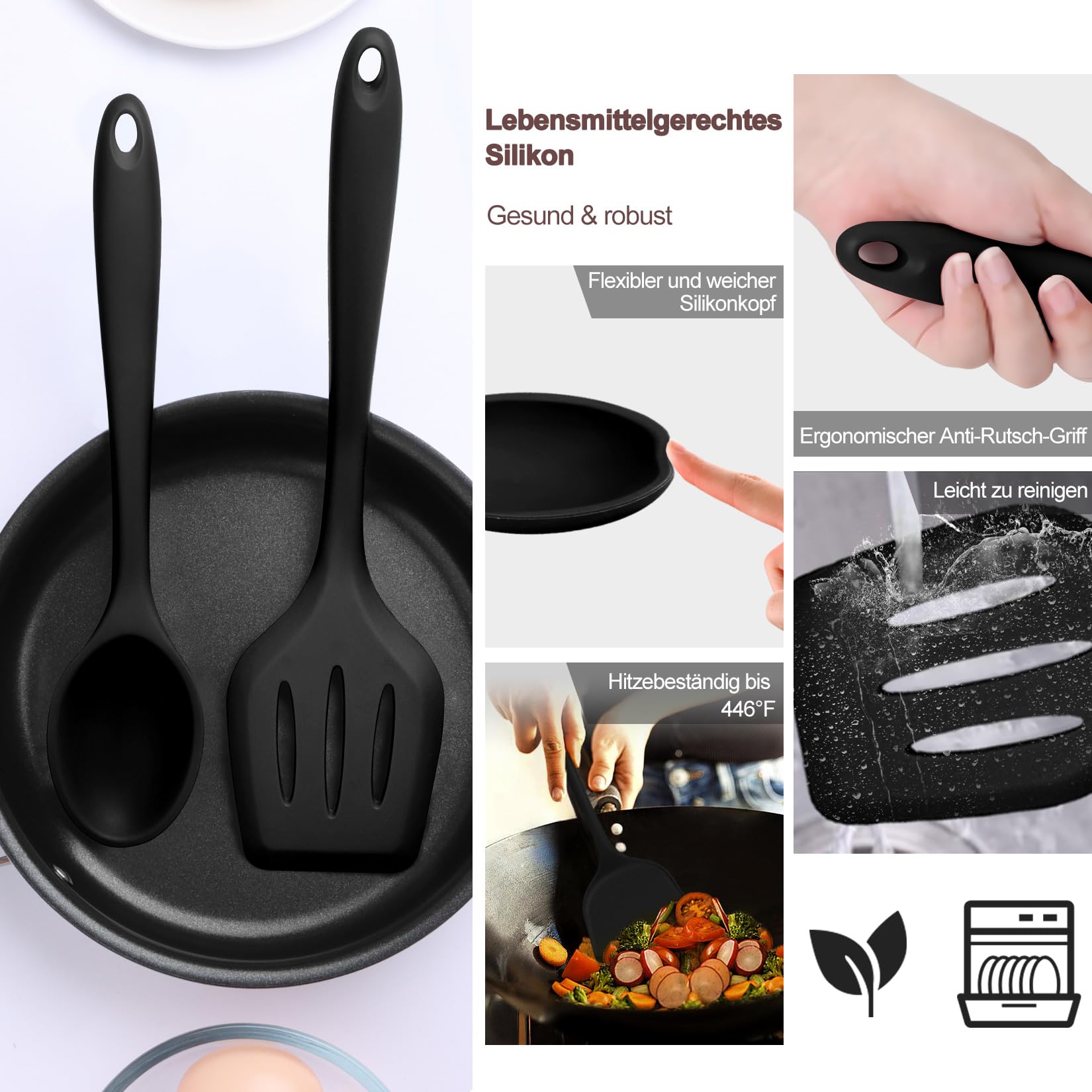 Onader Set di utensili da cucina in silicone, 25 pezzi (25, nero)