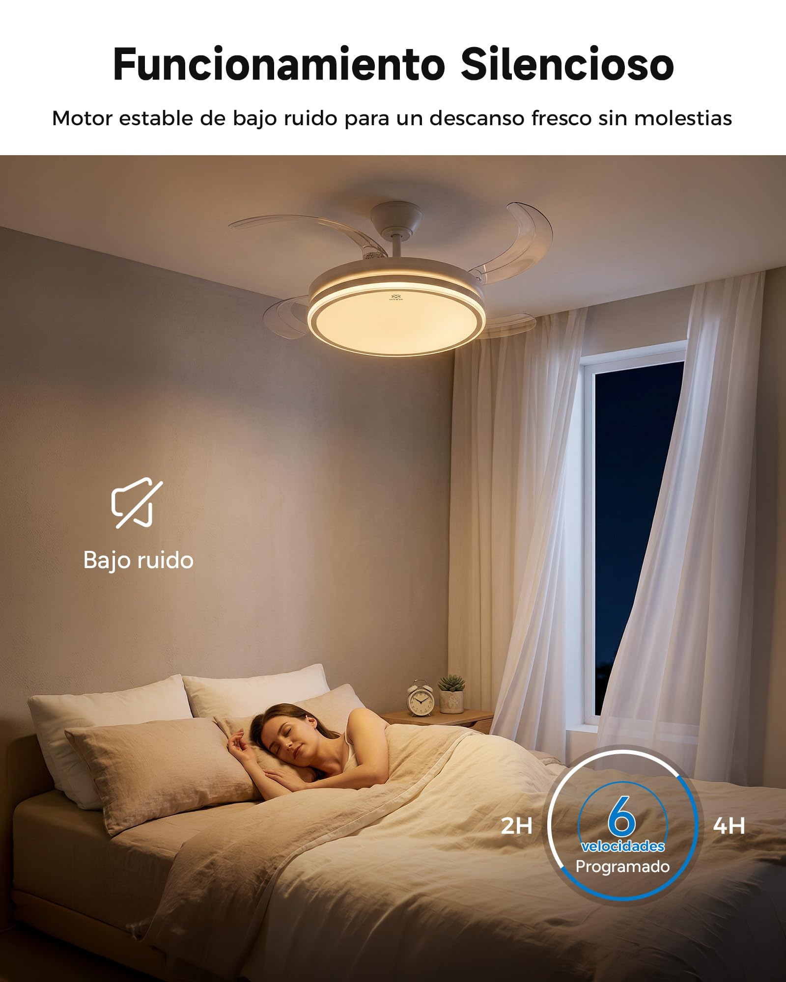 Woox Ventilador de Techo con Luz, 30W Motor DC + 50W Luz con Brillo y CCT Regulable sin Escalonamiento, Ventilador Retráctil de 4 Aspas, 6 Velocidades, con Control Remoto Funcion Verano e Invierno