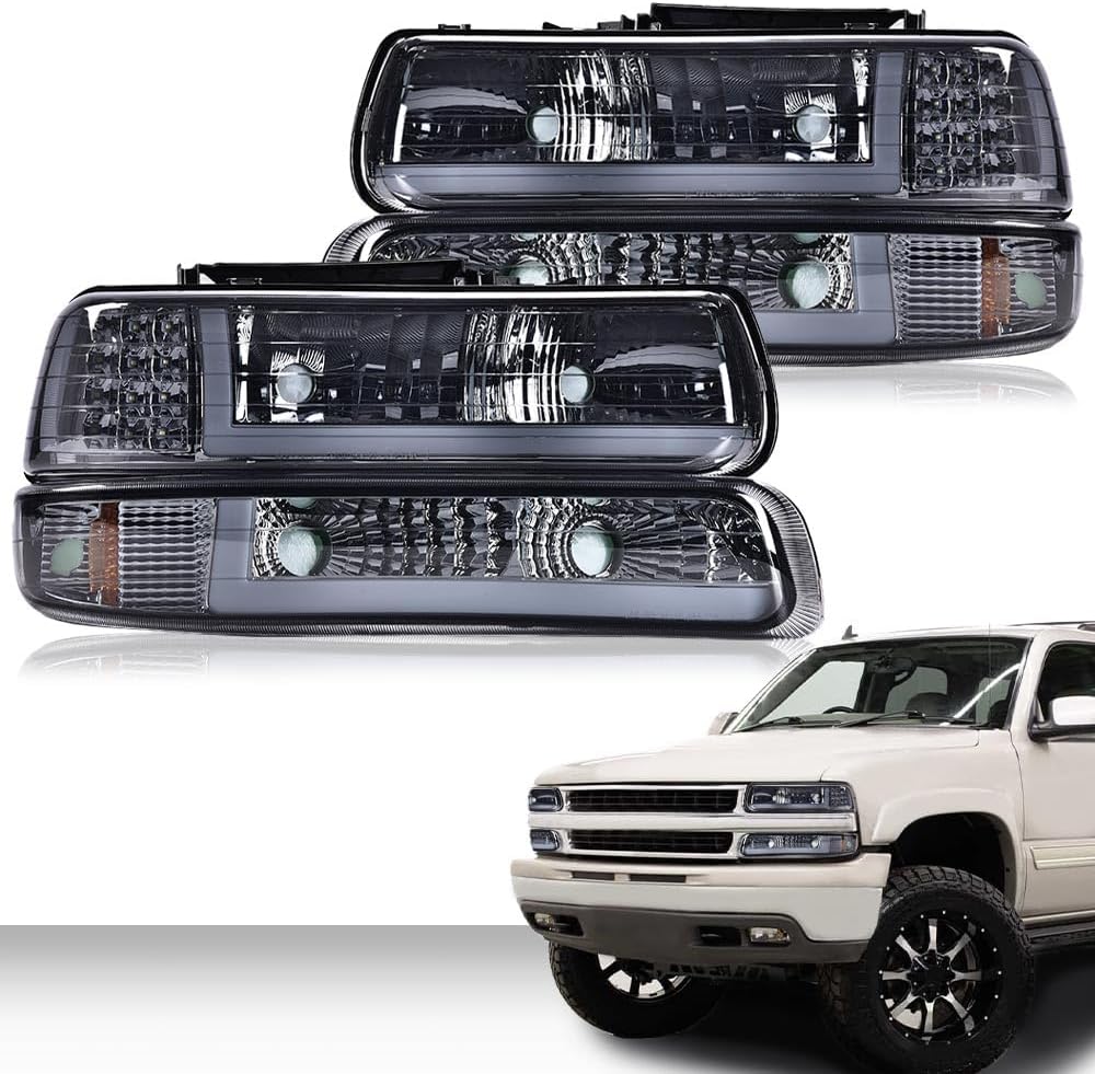 PIT66 LED DRL Headlight Assembly Compatible with 1999-2002 Chevy Silverado / 2000-2006 Tahoe Suburban Headlamp w/Bumper Lights Smoke Lens Chrome Housing Amber Reflector