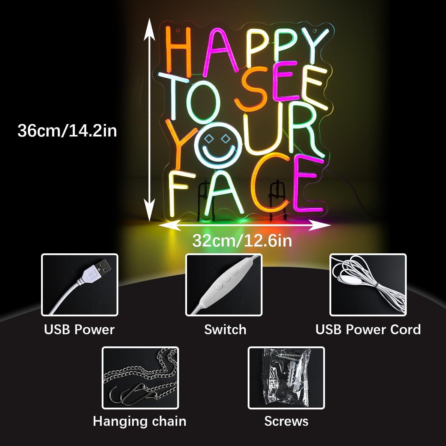 Happy to See Your Face Neon Sign for Kindergarten – Dimmable Multicolor Welcome Light with Wired Controller, 14.2×12.6 in, Includes 4 Wall Anchors – Teacher Appreciation Gift