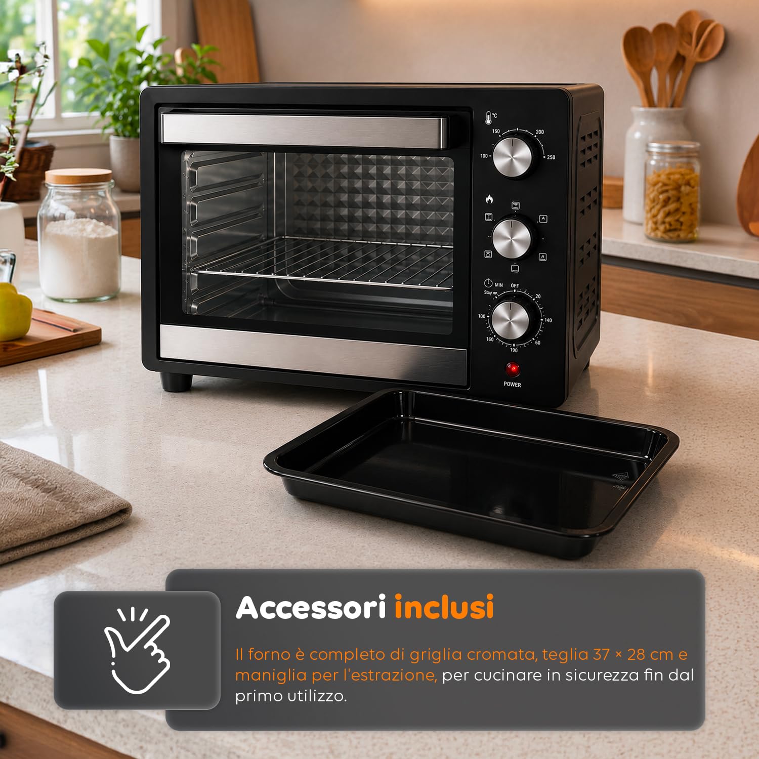 WINTEM Forno Elettrico da Banco 45 Litri Multifunzione Ventilato — Fornetto Elettrico con Timer, Doppio Vetro, Grill e Teglia in Acciaio Inox, 1800W