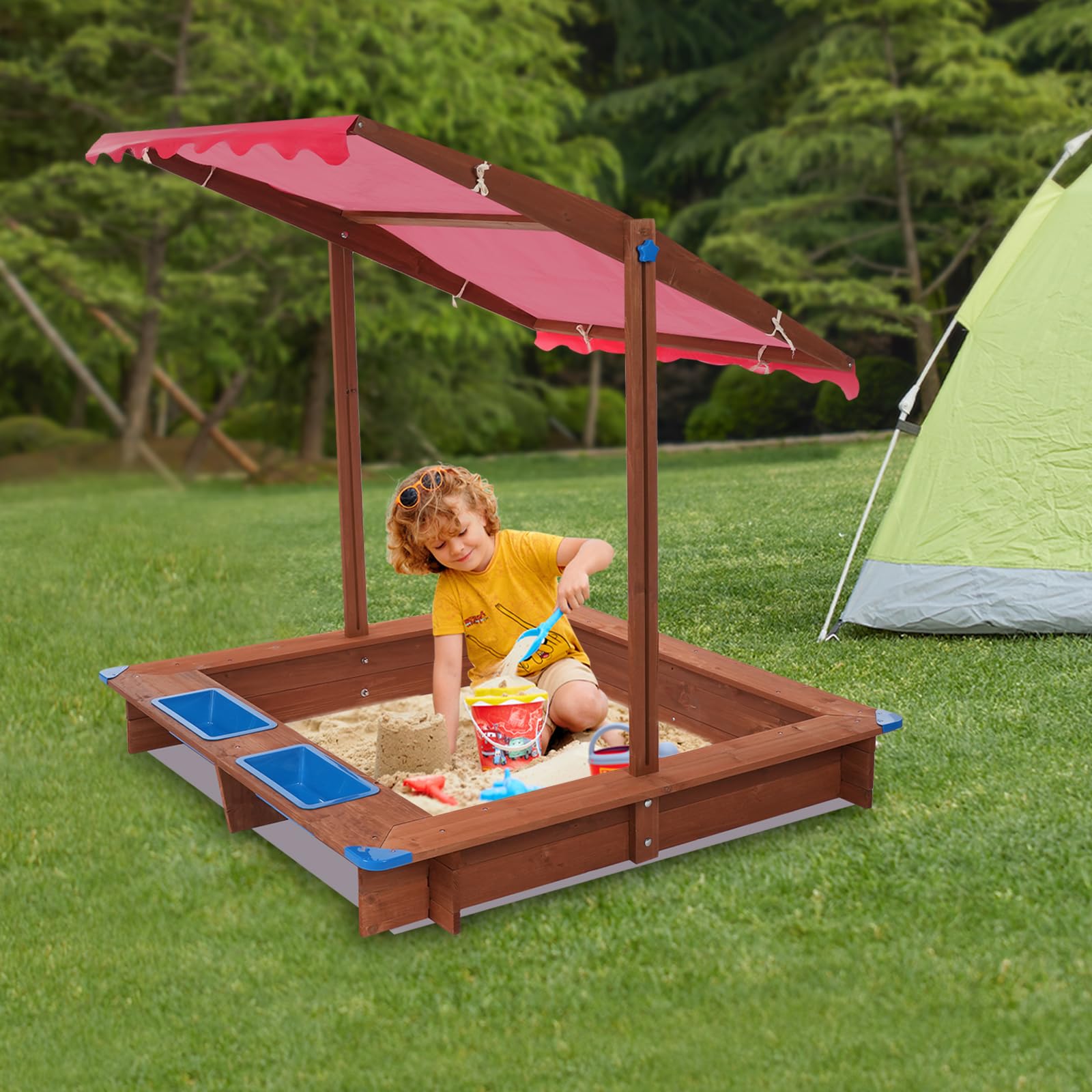 Sandkasten mit Dach Sitzbank und Boden Vlies-Folie, Sandkiste mit Plane, Kinder-Sandkasten Outdoor, Matschküche Kinder Outdoor, Spielzeug ab 3 Jahre, Die Beste Wahl für Kindergeschenke (Rot)