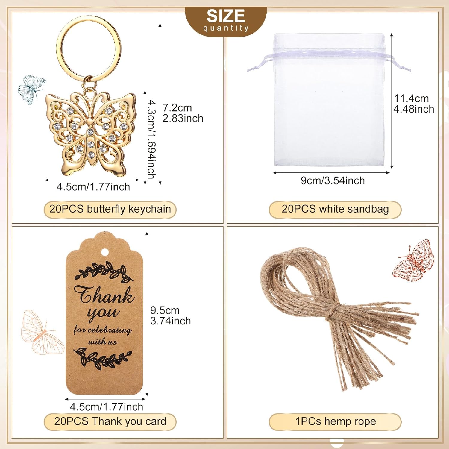 Ecation 20 Set Butterfly Keychain Party Favor Bulk Butterfly Keyring Charm Accessories Souvenir Present Kraft Tag Organza Bag for Guest Baptism Bridal Baby Shower Wedding Mother Gift Supply (Gold)