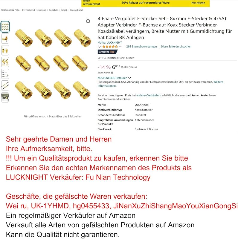 Fu Nian Aranyozott F-csatlakozó Készlet - 8db 7mm-es F-dugó és 4db SAT Adapter, Gumi Tömítéssel, Koaxiális Kábelekhez, Műholdvevőkhöz, DVB-T
