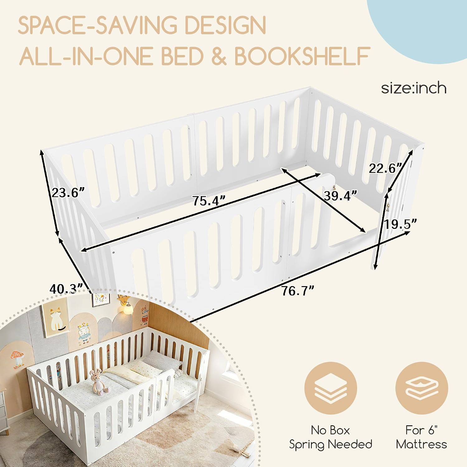 Bellemave Montessori Twin Floor Bed with Playful Door & 23.6" H Guardrails, Solid Wood Montessori Floor Bed Frame, Low Profile & Rounded Corner Safe Design, No Slats, No Box Sring Needed, White