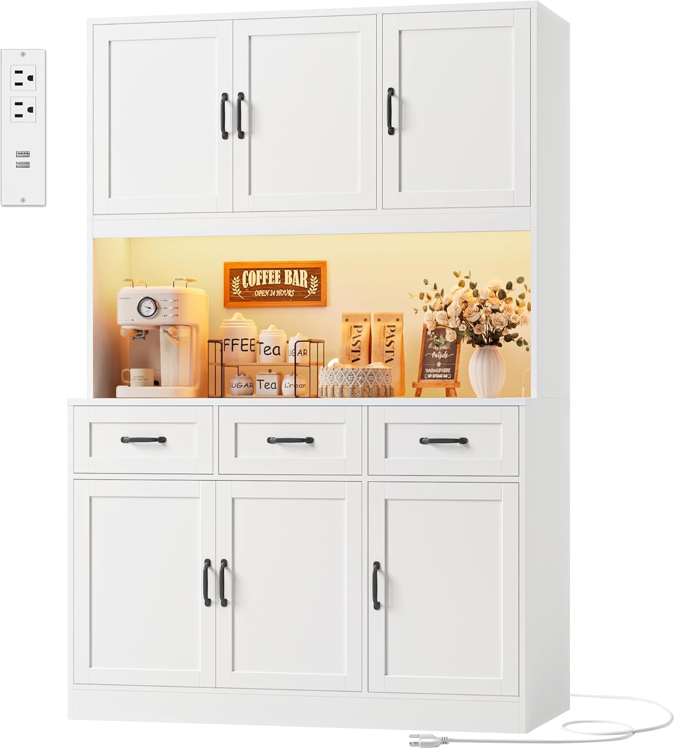 HOSTACK 72" Tall Kitchen Pantry Cabinet with Charging Station & RGB LED Lights - 47" Wide Modern Storage Hutch for Kitchen, Dining Room, White