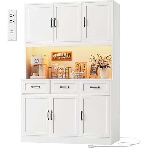HOSTACK 72" Tall Kitchen Pantry Cabinet with Charing Station | LED Lights, 47" W Kitchen Pantry Storage Cabinet with Countertop, Modern Kitchens Hutch Cabinets with Storage for Dining Room, White