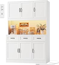HOSTACK 72" Tall Kitchen Pantry Cabinet with Charging Station | LED Lights, 47" W Kitchen Pantry Storage Cabinet with Countertop, Modern Kitchens Hutch Cabinets with Storage for Dining Room, White