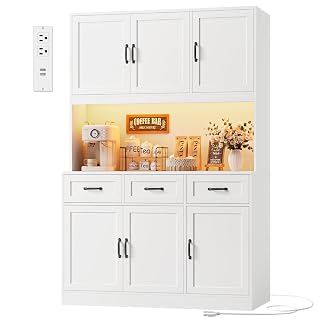HOSTACK 72" Tall Kitchen Pantry Cabinet with Charging Station | LED Lights, 47" W Kitchen Pantry Storage Cabinet with Countertop, Modern Kitchens Hutch Cabinets with Storage for Dining Room, White - Amazon product rated Grade A