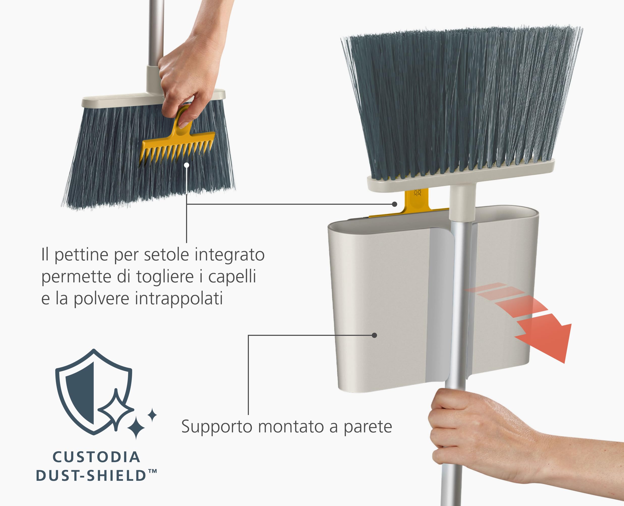 Joseph Joseph CleanTech Scopa a Parete con Manico Lungo Regolabile, con Custodia, Spazzola da Pavimento con Setole Morbide e Pettine