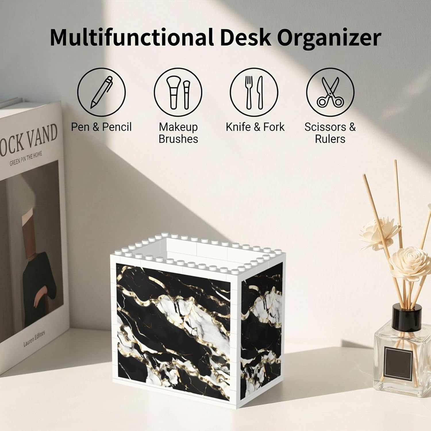 Black And White Marble Texture Print Uv Print Block Pencil Cup, Detachable Creative Block Desk Organizer Office Abs Pen Holder image 5
