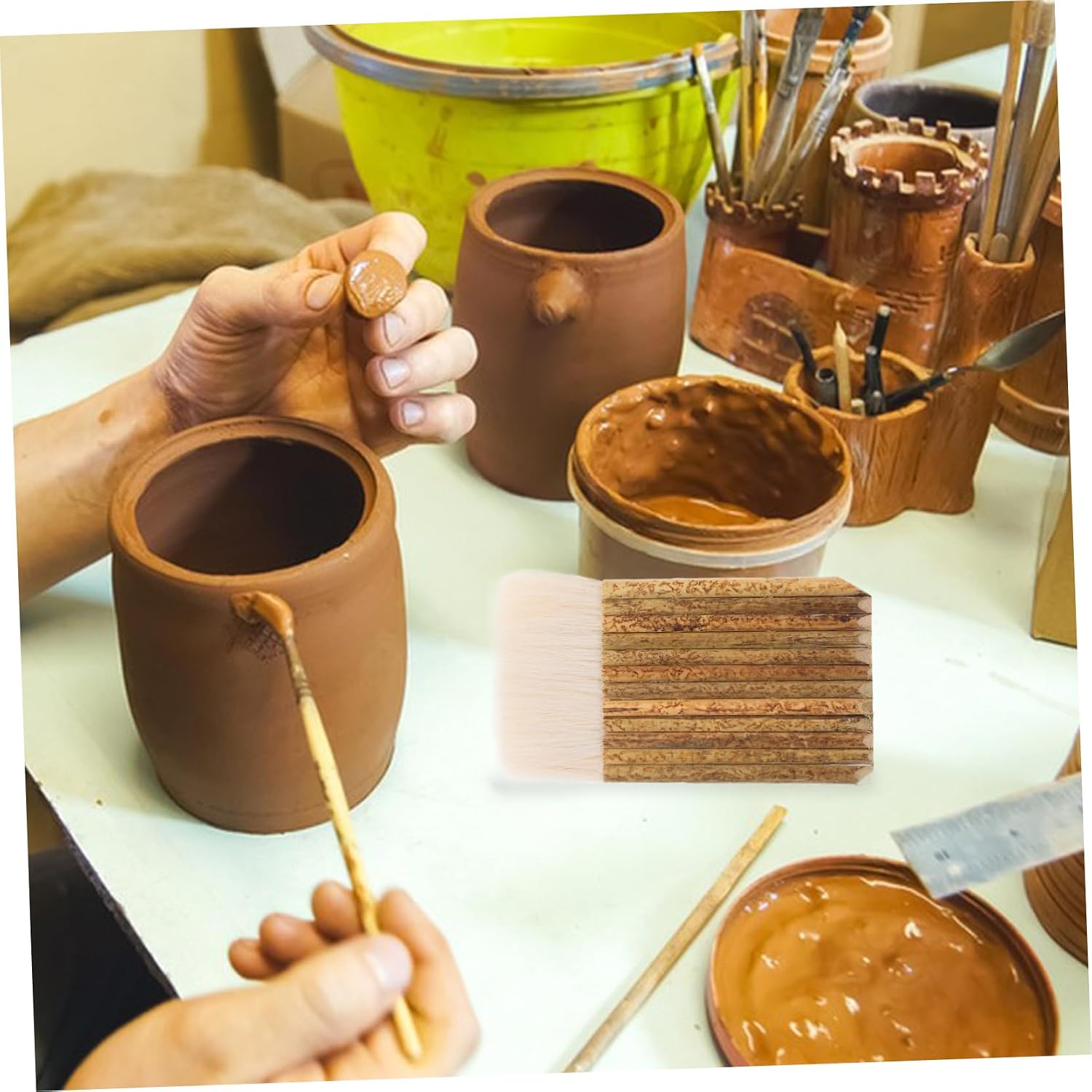 2pcs Artist Quality Watercolor Pottery Paintbrush Soft Hake Brush Bamboo Handle for Gluing Starching
