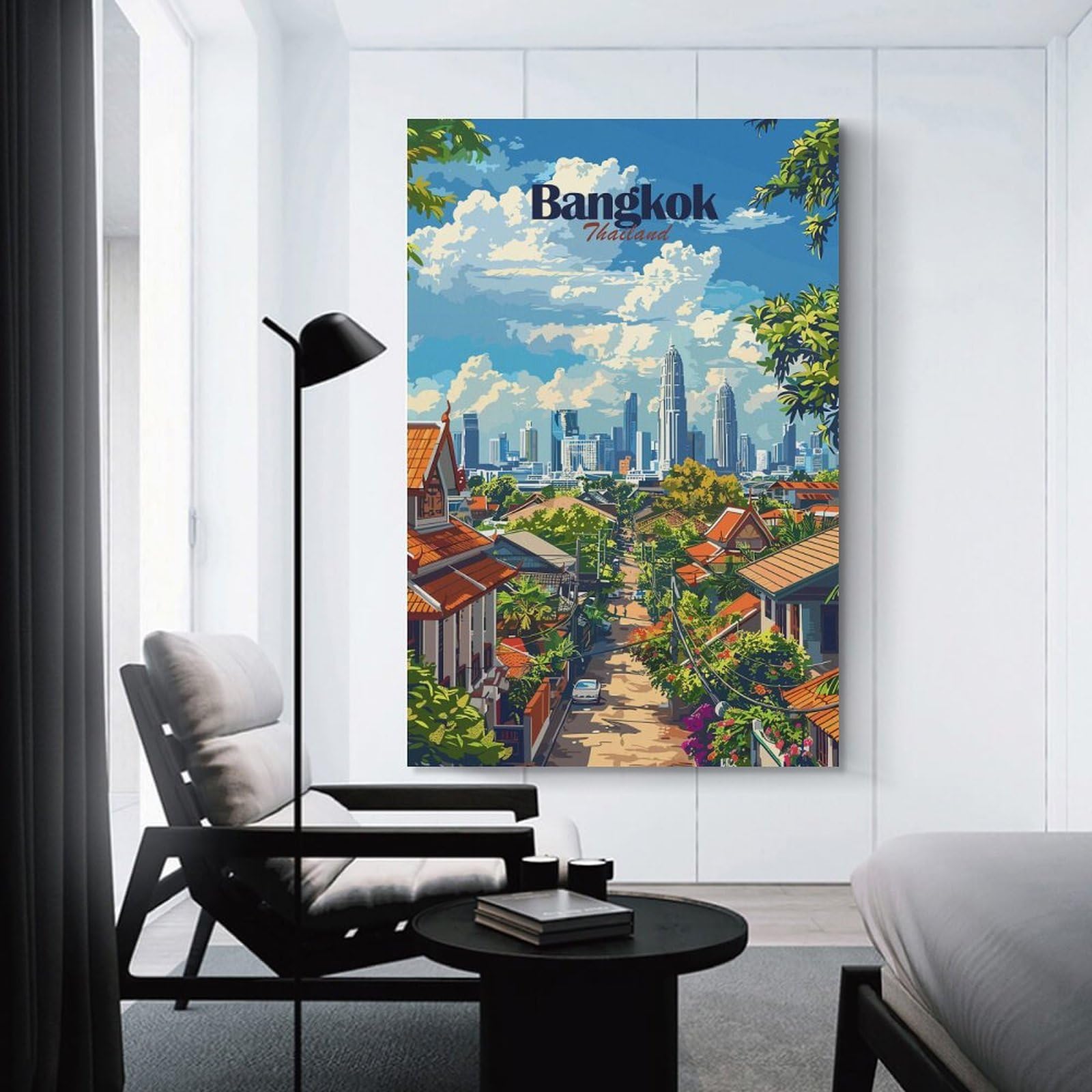 Junmoney Bangkok Cityscape Canvas Wall Decor 24x36inch(60x90cm), for Calm Bedrooms, Home Corners Or Flats, An Easy Wall Refresh for Bedrooms