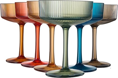 Vasos de plástico Tritan Coupé de plástico de color apagado, acanalado vintage art déco, color champán y cóctel, juego de 6, cristalería ondulada de
