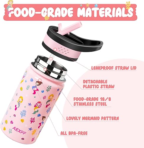 Miniatura 3 de AEXPF Botella de agua aislada para niños, 14 onzas, doble pared al vacío, de acero inoxidable, a prueba de fugas, con 2 tapas de pajilla, taza