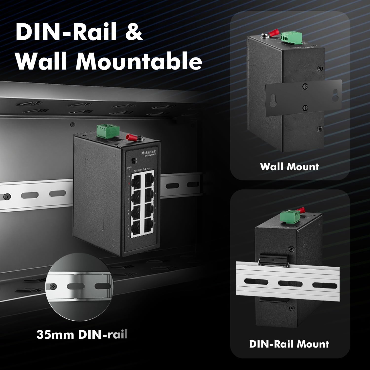 MokerLink 8 Port PoE Industrial Din Rail Switch, 8 PoE+ IEEE802.3af/at, 10/100Mbps Fast Ethernet, Extend 250M, DIN-Rail & Wall Mount Included