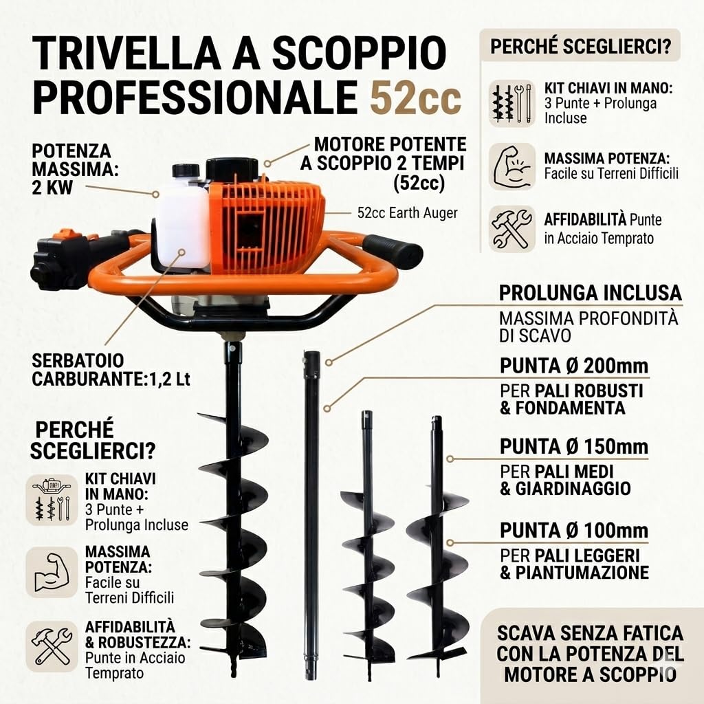 Trivella a Scoppio Mototrivella Professionale 52cc - Con 3 Punte da 100, 150, 200mm - Ideale per Pali da Recinzione, Giardinaggio, Bricolage e Costruzioni