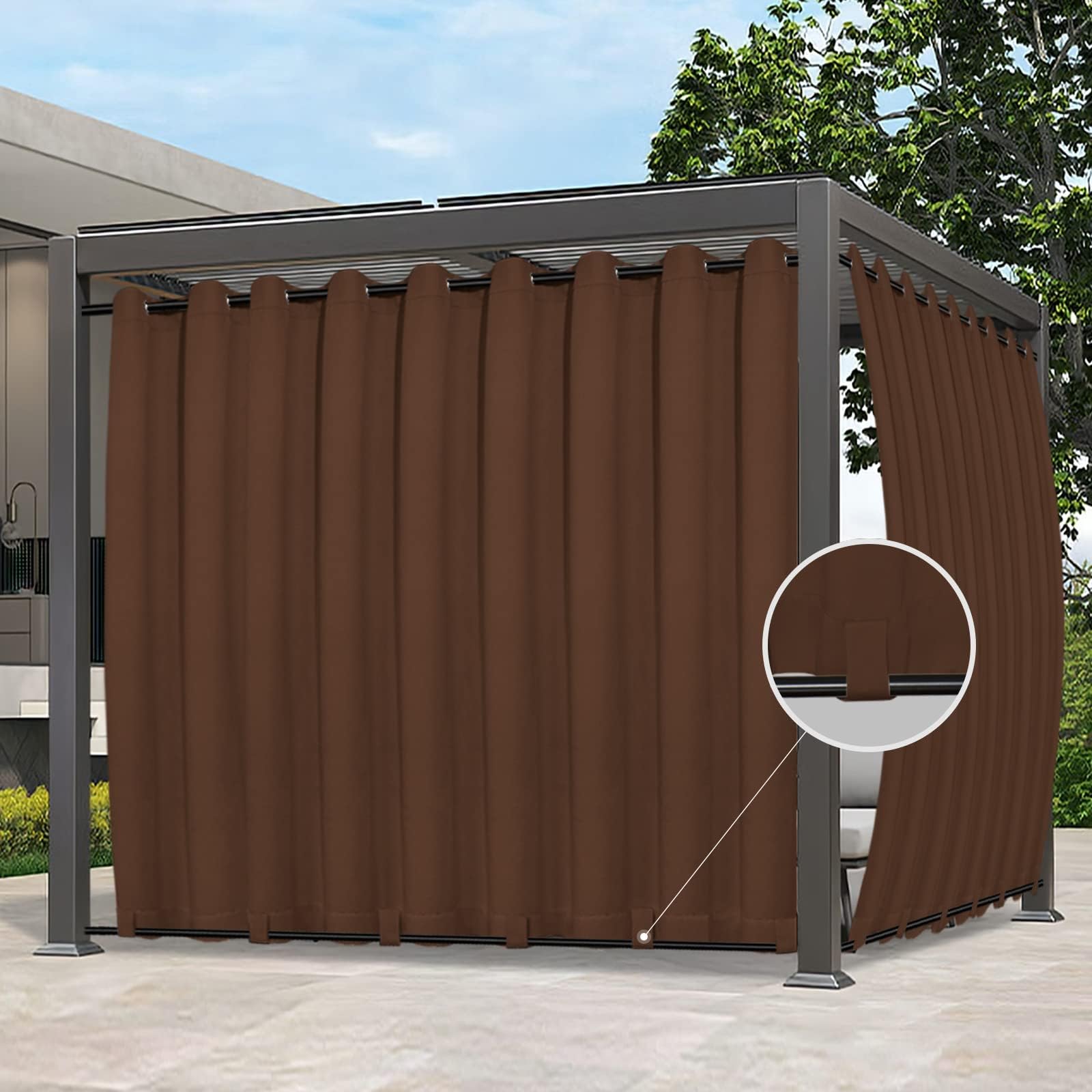 Easy-Going Outdoor Curtains Waterproof Windproof Weatherproof Curtain for Patio, Cabana, Porch, Pergola and Gazebo, Grommet Top and Tab Bottom Drape, 1panel, 150x108 inch, Brown
