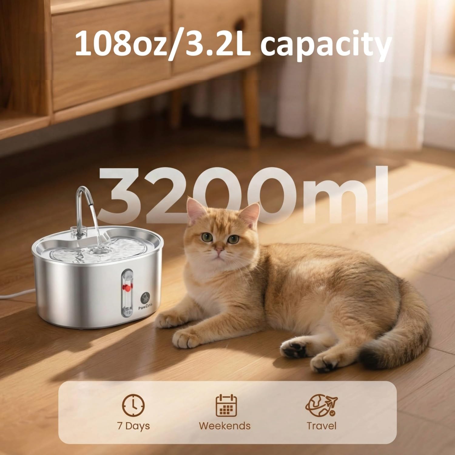 Abbeveratoio per gatti da 3,2 l/108 once, ultra silenzioso, con indicatore di livello dell'acqua, 4 filtri aggiuntivi e sensore di movimento.