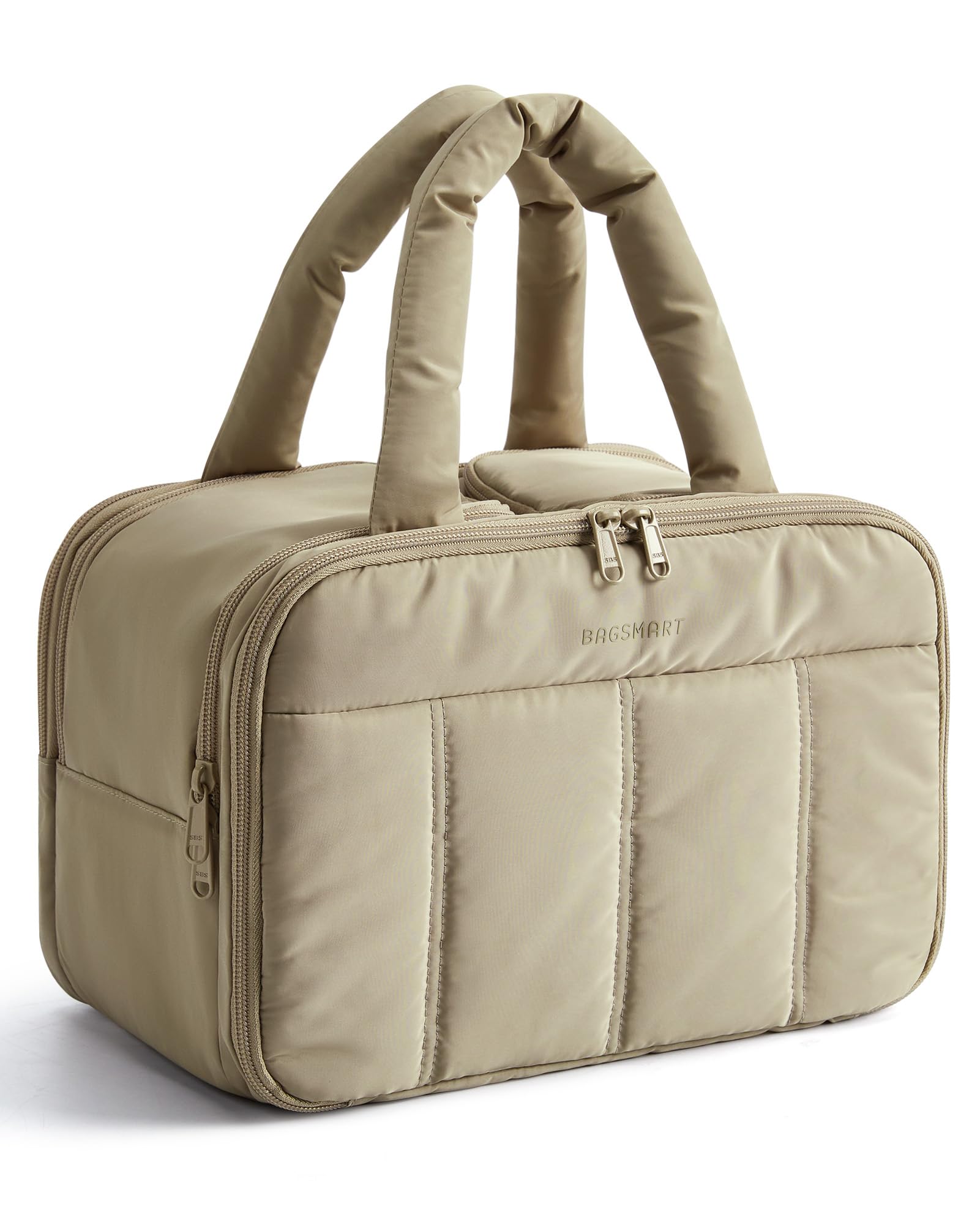 BAGSMART Travel Toiletry Bag, Puffy Large Toiletry Bag for Women, Lightweight Cosmetic Makeup Bag Organizer with Handle for Traveling, Accessories, Essentials, Toiletries, D-Light Camel, Lightweight