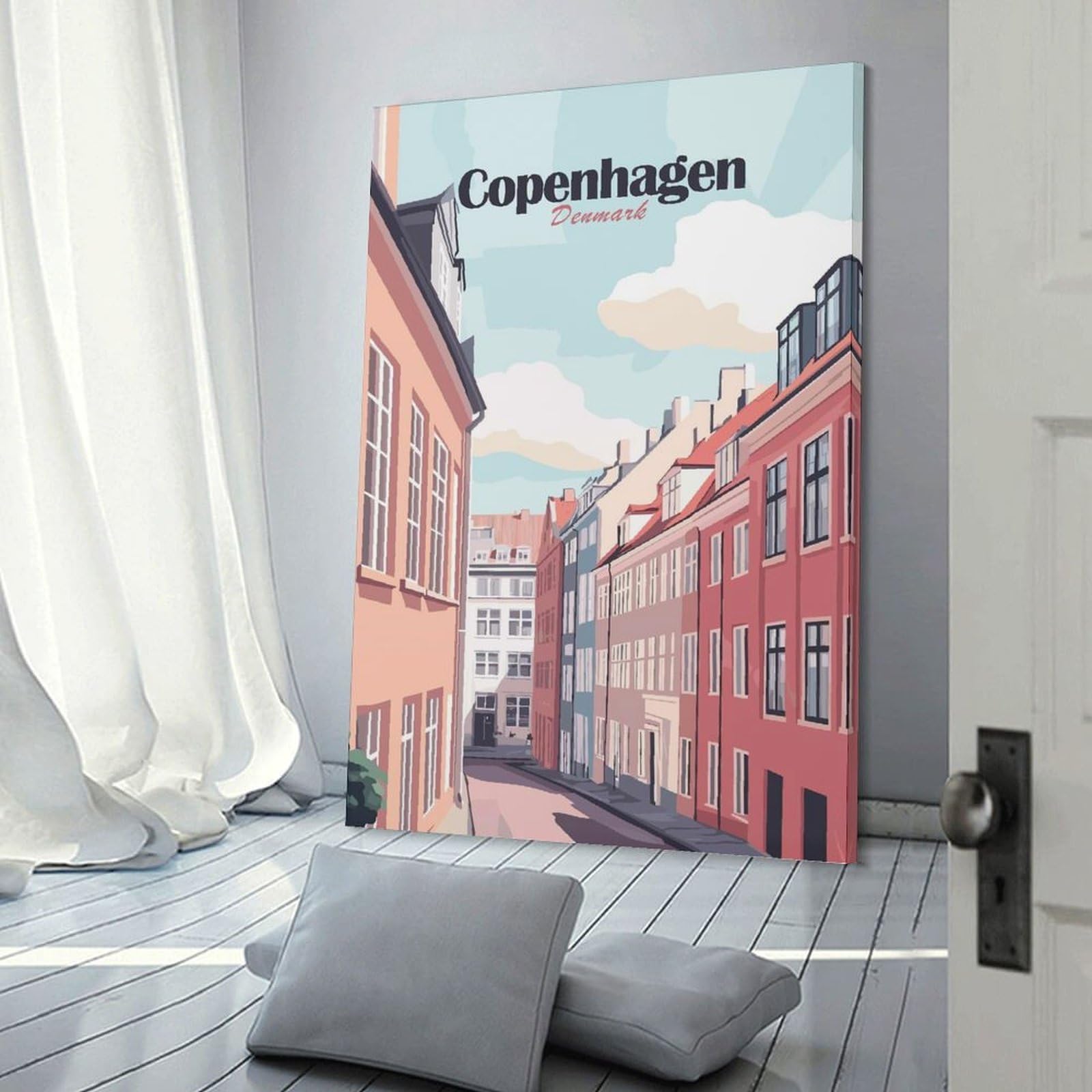 Junmoney Wall Decor Canvas Print Copenhagen, Denmark Cityscape Illustration, 20x30inch(50x75cm), for Study, Office Or Focused Interiors, Wall Art That Adds Style to Work Areas
