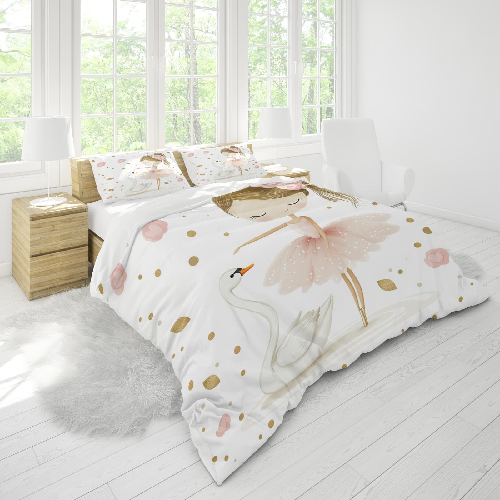 Set Copripiumino Modello di Ballerina Dei Cartoni Animati Matrimoniale 3 Pezzi in Microfibra, Copripiumino 240x220 cm e 2 Federe, Parure Biancheria da Letto Bianco per Adulti, Bambini e Adolescenti