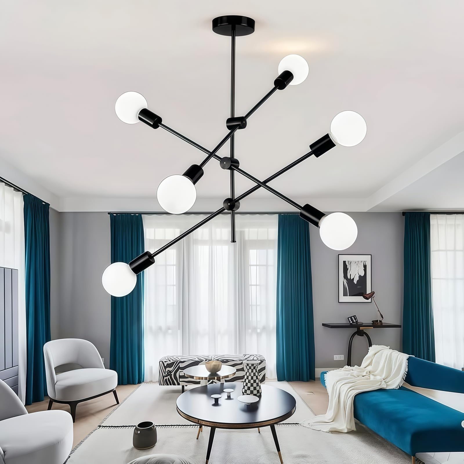 HUA QIANG WANG Modern Sputnik Chandelier 6-Light Black Ceiling Lighting Mid-Century Pendant Light Fixture for Kitchen Island Dining Room Living Room Bedroom