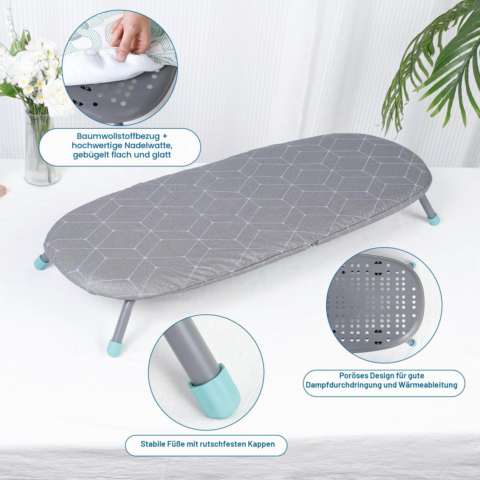 AiQInu Klappbares Tisch-Bügelbrett, Platzsparender Faltbarer Bügeltisch, Tischbügelbrett mit 2 hitzebeständigen Bügelabdeckungen, Gummifüßen und hochwertigem Bezug, 31 * 82cm