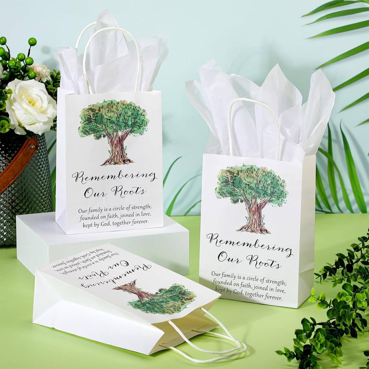 Remuuly 36 Sets Family Reunion Gift Bags Remembering Our Roots Kraft Paper Treat Bag with Handle Tissue Family Tree Party Favors Supplies, 5.9 x 3.15 x 8.27 Inches