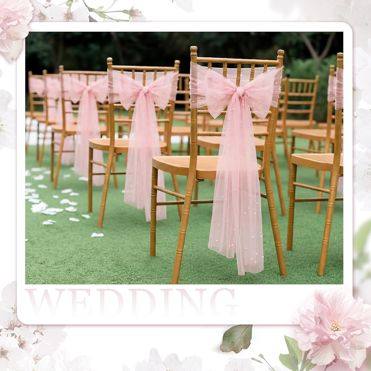 VitalCozy 50 Pcs Vintage Chair Sashes Embroidered Boho Bows Rustic Floral Chair Ties for Wedding Bridal Shower Baby Shower Birthday Party Table Decoration, 7 x 108 Inches(Pearls,Pink)
