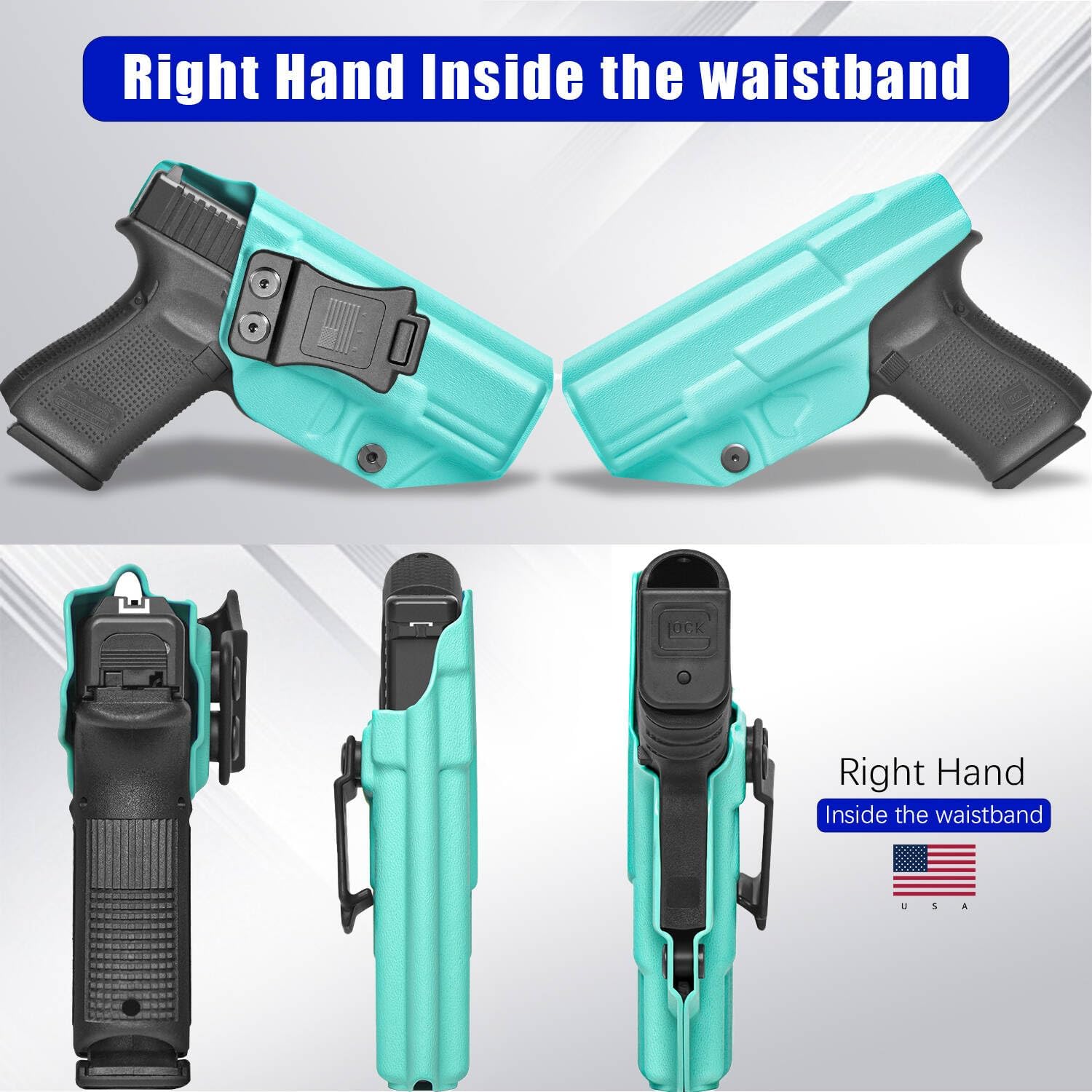 IWB KYDEX Universal Gun Holster, Adjustable Cant & 'Posi-Click' Retention, Inside Waistband Concealed Carry Holster Compatible with Multiple Glock, Smith Wesson, Sig, Ruger, H&K Models Teal Blue