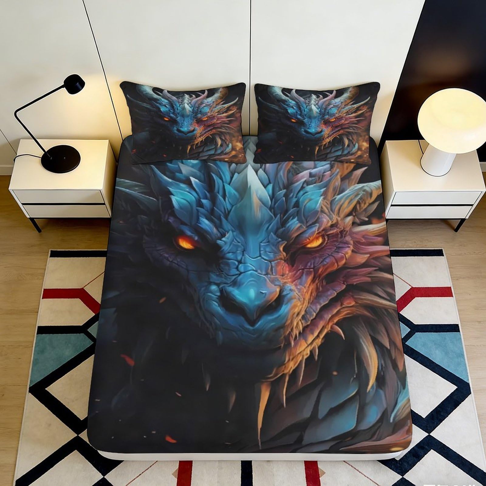 3D Printed Dragon Fire Fitted Sheet Microfiber Soft Breathable Ice Dragon Bed Cover for Bedroom Dorm Decor 90x200x25cm