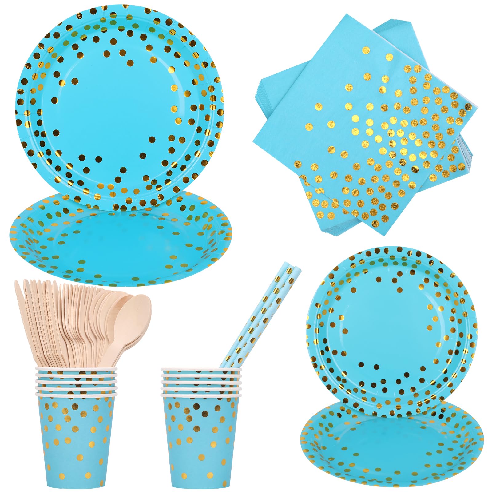 Trimming Shop 80pcs Blue with Gold Polka Dot Party Tableware Set, Disposable Paper Plates, Cups, Napkins, Straws & Cutlery - Image 4
