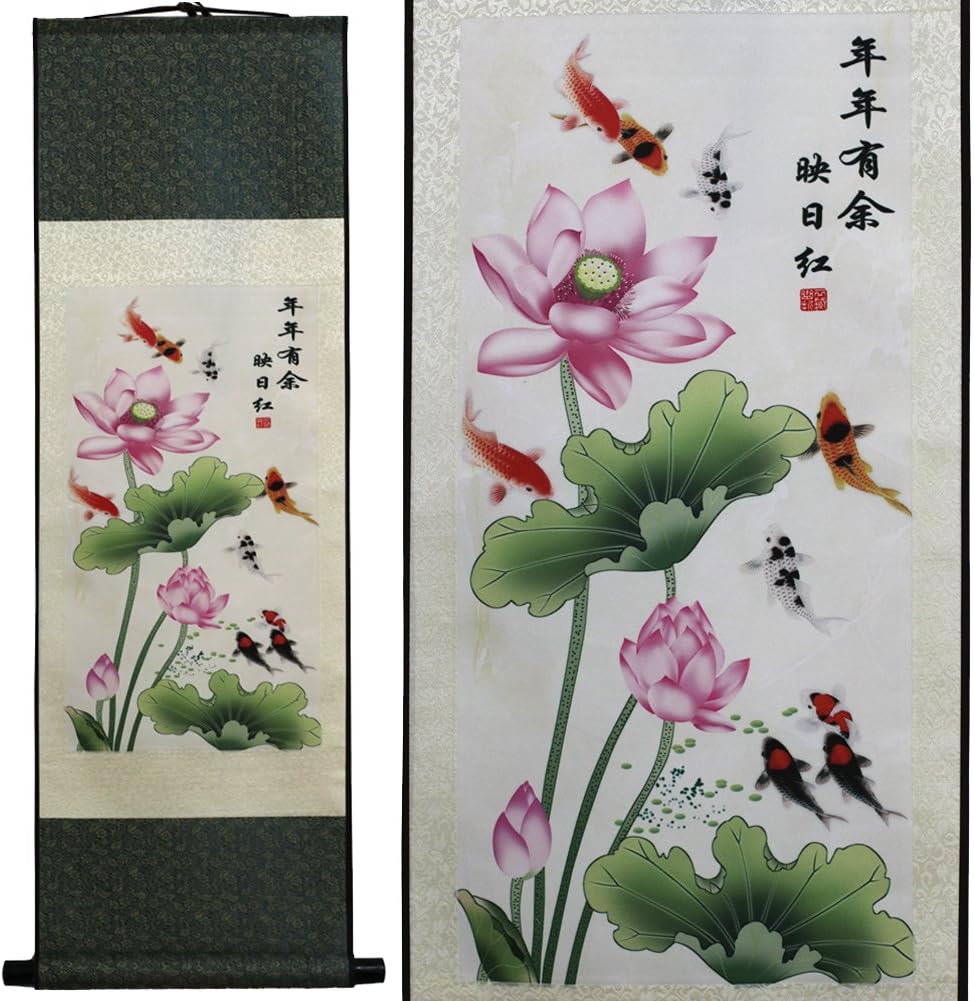 sweethome Asian Silk Scroll & Picture Scroll & Wall Scroll Calligraphy Hanging Artwork (Fish Swimming Over Lily Flower)