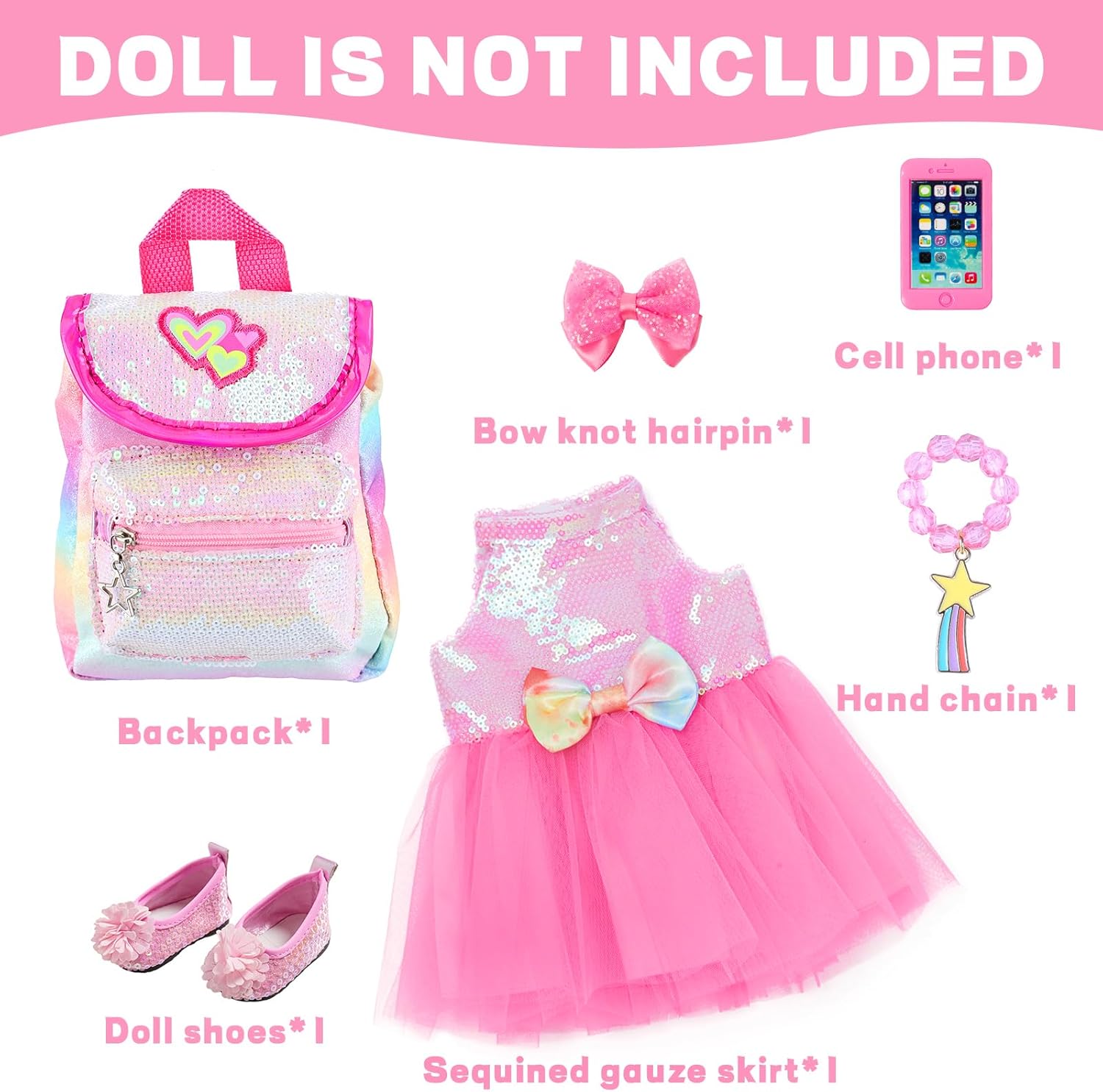 ECORELF American 18 Inch Doll Clothes and Accessories, Sequin Dolls Backpack Accessories Set Included 18 inch Girl Doll Backpack,Sequin Gauze Dress, Shoes,Bow Knot Hairpin,Hand Chain