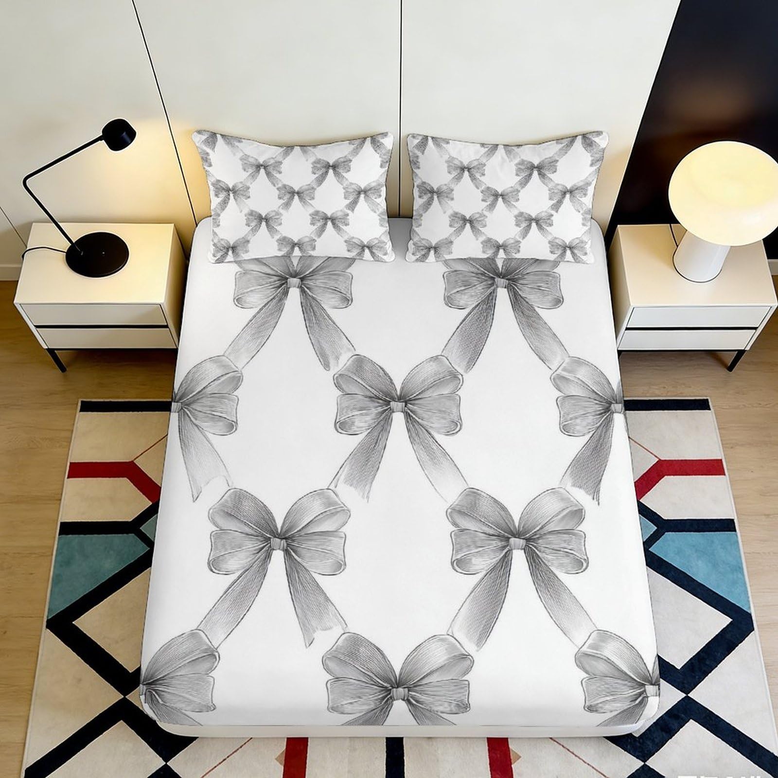 3D Printed Gray Bow Pattern Fitted Sheet Microfiber Soft Breathable Ribbon Design Mattress Cover for Bedroom Dormitory Guest Room Mattress Protection 200x200x25cm