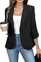 ELLEVEN Women's Ruched 3/4 Sleeve Blazer - Lightweight Slim Fit Jacket with Padded Shoulders for Business Casual Office Wear