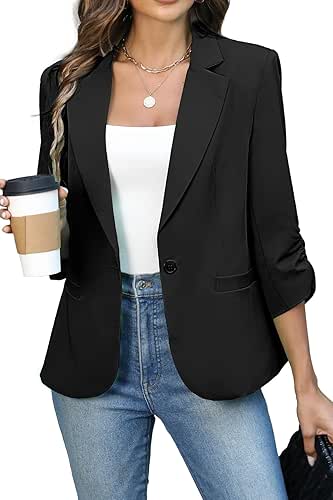 ELLEVEN Women's Ruched 3/4 Sleeve Blazers, Lightweight Slim Fit Jackets