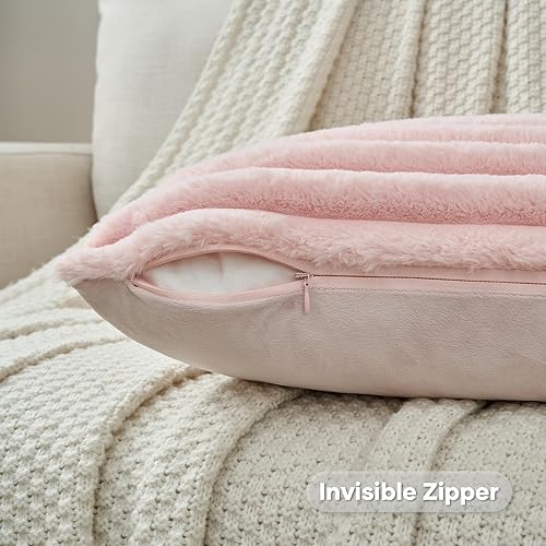 Miniatura 3 de FUTEI - Juego de 2 fundas de almohada decorativas con rayas de color rosado, 24 x 24 pulgadas, cuadradas y primaverales, piel sintética de conejo