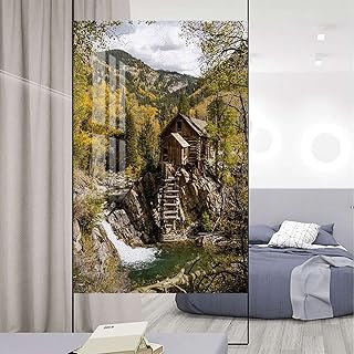 Blue Green Window Sticker Non-Adhesive Glass Film Secluded Wooden Cabin Window Film Non-Adhesive Frosting Privacy Film Landscape 31.5Wx62.9L-inch