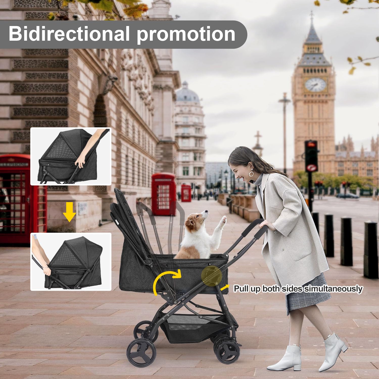 Poussette pliable pour animal de compagnie avec panier de rangement, roue avant à 360° avec frein, poussette de voyage légère pour chiens et chats de petite et moyenne taille (noir 1, 4 roues)