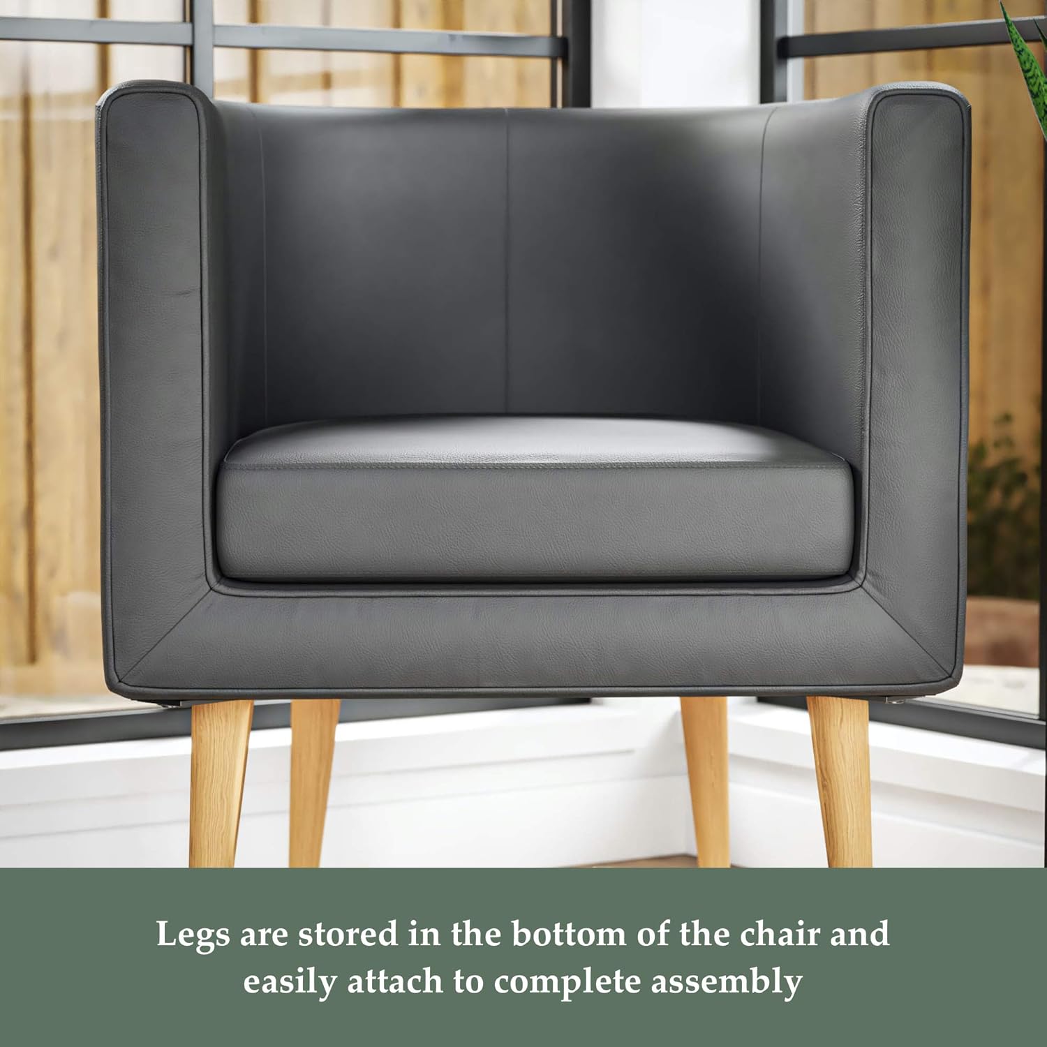 Get Discount 70% Price Edenbrook Combe Barrel Chair with Tapered Wood Legs – Upholstered Tub chair for Living Room, Charcoal Faux Leather