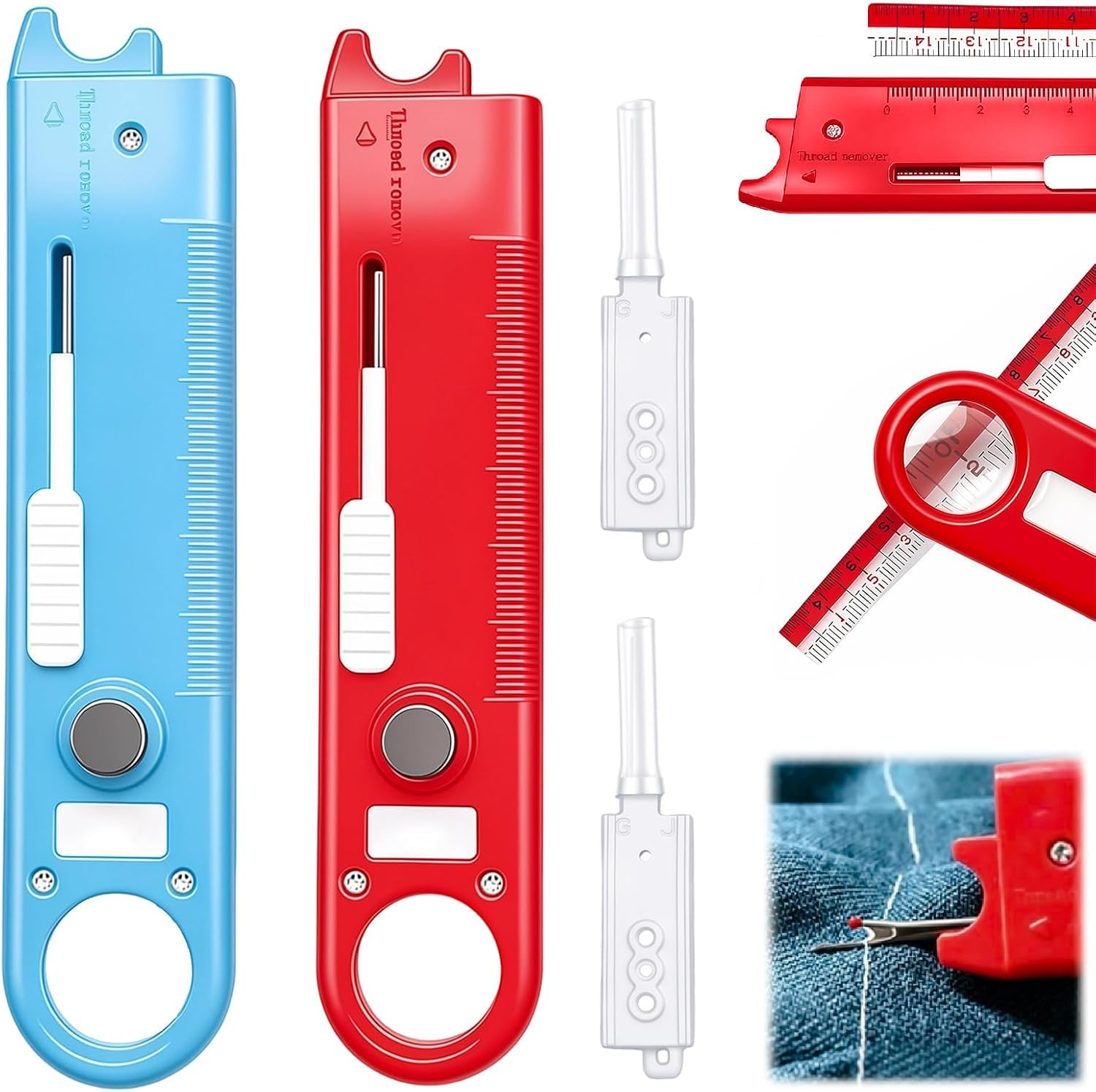 Infila aghi automatico rapido per macchina da cucire, attrezzo multiuso 4 in 1 con righello e lente d'ingrandimento integrati, guida magnetica per cuciture, strumenti da cucito (rosso + blu)