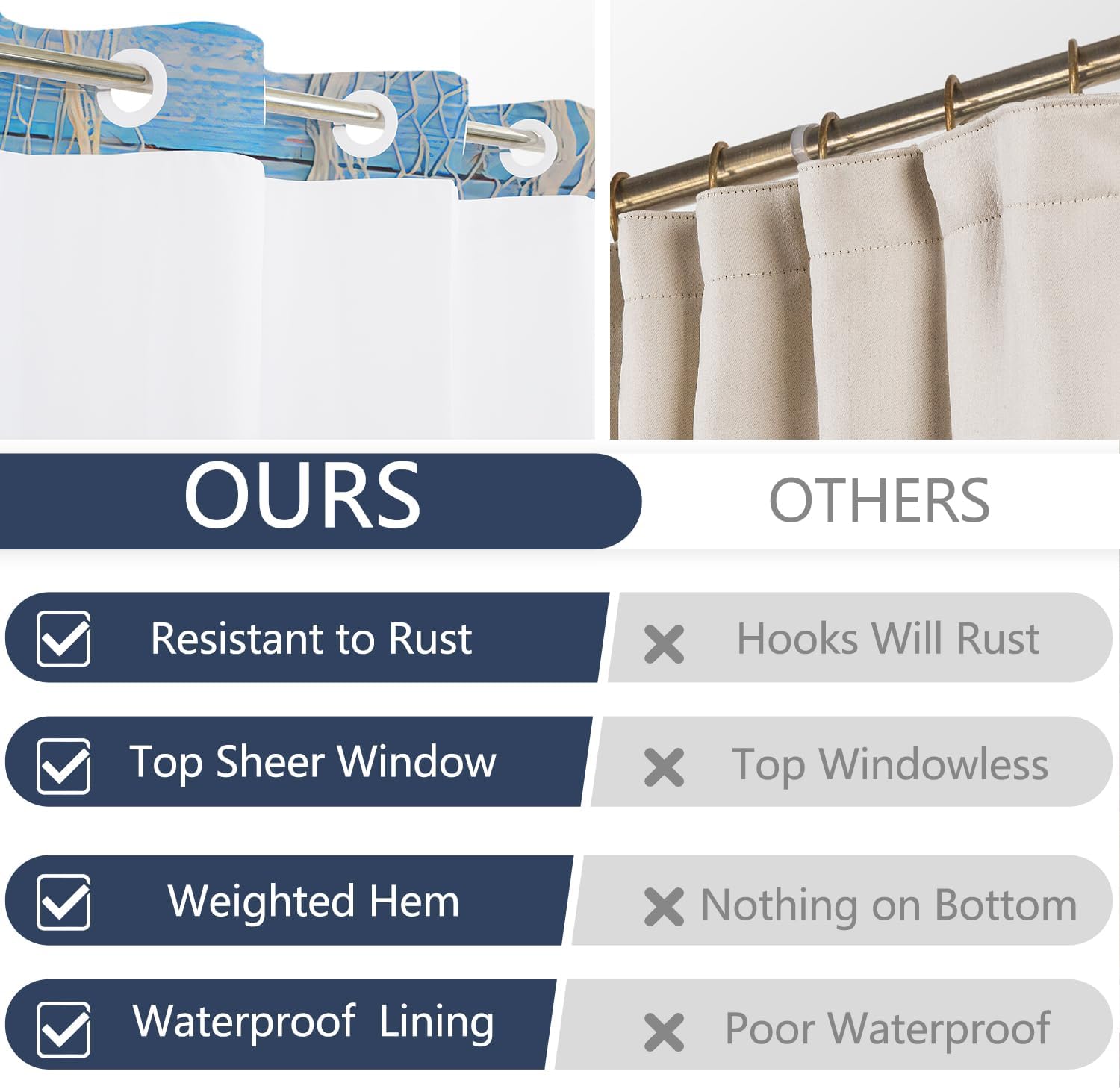 Nautical Beach Shower Curtain and Liner Set, Double Layers Waterproof Fabric No Hook Shower Curtain with Mesh Top Window, Ocean Starfish Vintage Rustic Wooden Coastal Bathroom Curtains, 71x74 Inch