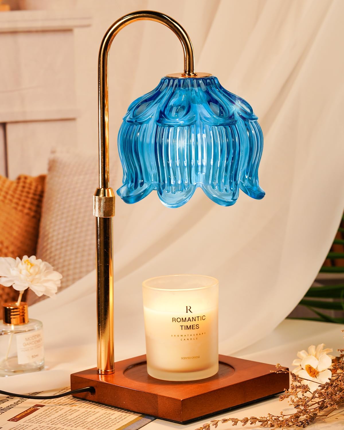 Flower Candle Warmer Lamp with Timer Dimmable, Height Adjustable Birthday Gifts for Women Mom Christmas House Warming Gifts New Home Bedroom Decor, Lotus Candle Warmer Light for Jar Candle Blue