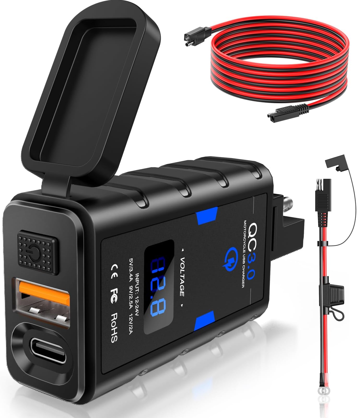 Motorcycle Phone Charger, Dual USB Motorcycle USB Charger, Quick Charge 3.0 Type C PD with ON/Off Switch, Waterproof Quick Disconnect SAE to USB Adapter - Blue