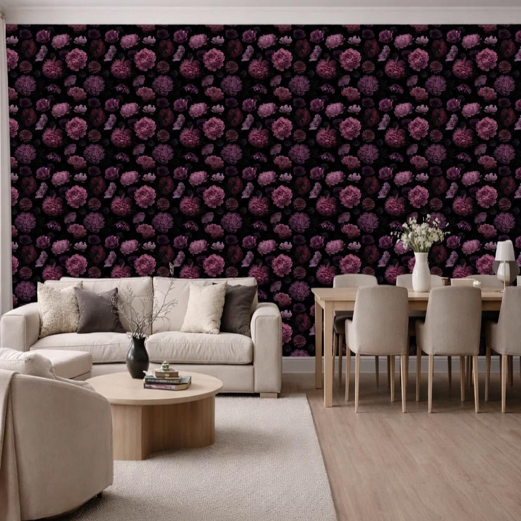 Dark Floral Peony Wallpaper Peel and Stick Removable Renter-Friendly Gothic Vintage Thick Vinyl Wall Covering Waterproof 17.7in × 354in