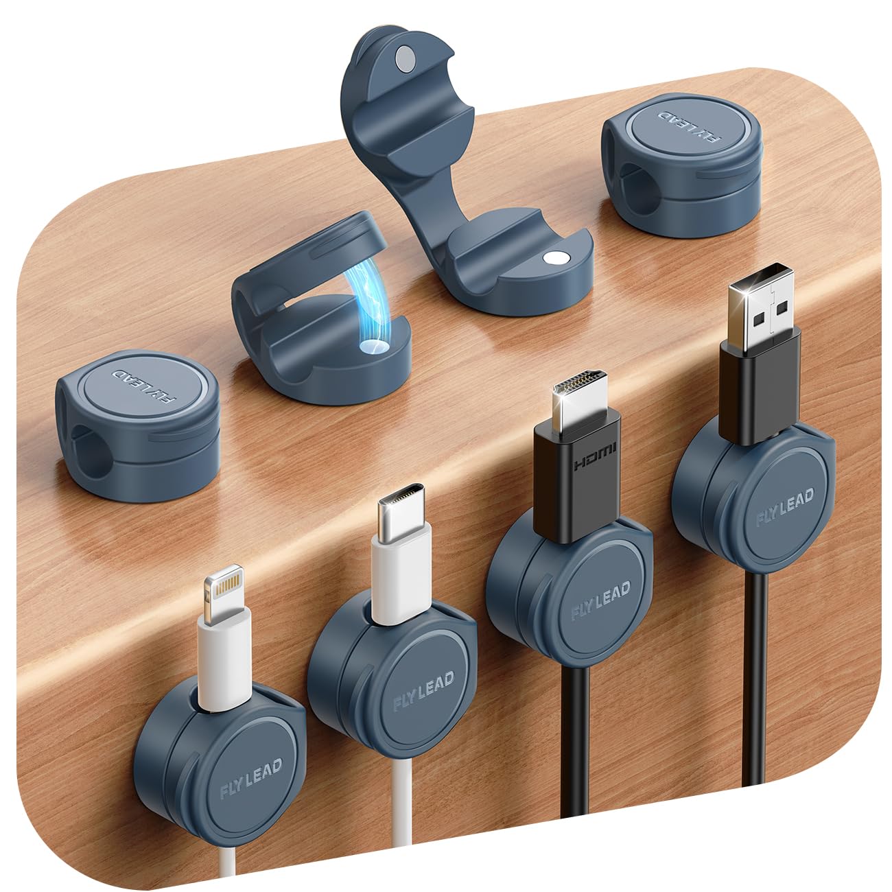 FLYLEAD 8 Stück Silikon Kabelhalter Magnetische Kabelclips Selbstklebende Kabelmanagement Schreibtisch Organizer für Nachttisch, Ladekabel, HDMI, USB, Audiokabel, Blau